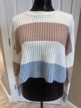 Cozy Colorblock Crewneck Sweater - Cream, Taupe & Light Blue